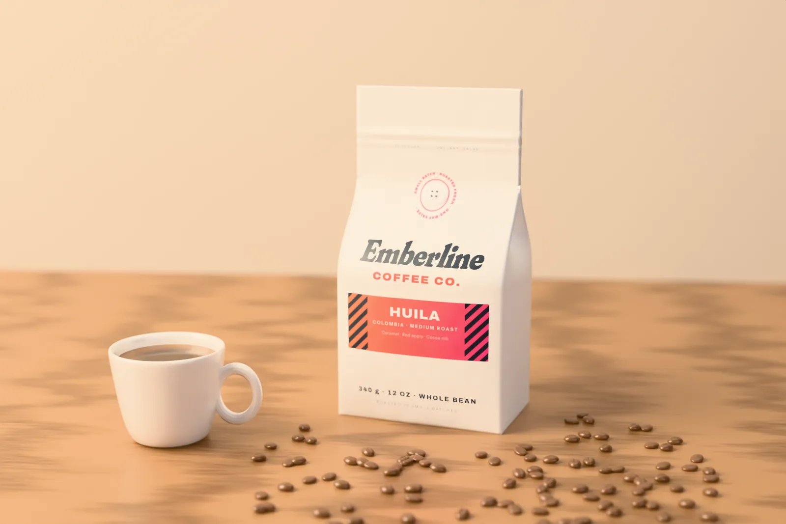 Flat-bottom coffee bag with a cup of coffee and beans on a wooden table
